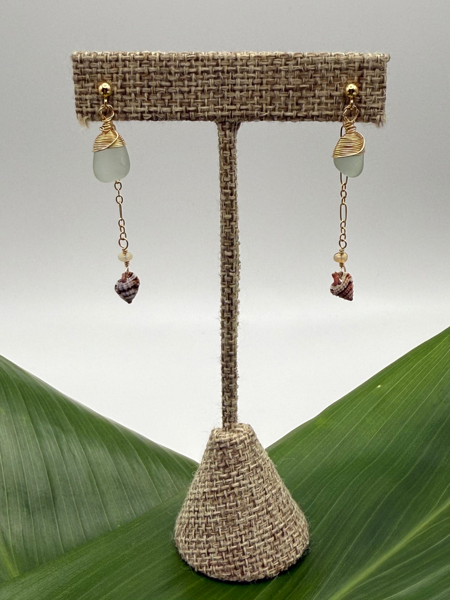 GF Blue Seaglass Dangle Posts w/ Herkimer Diamond+Gyre Triton