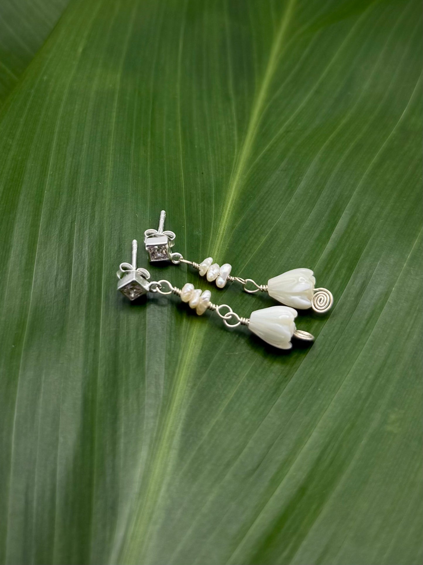 SS Cubic Zirconia Posts w/ Pikake MOP+Rice Pearls