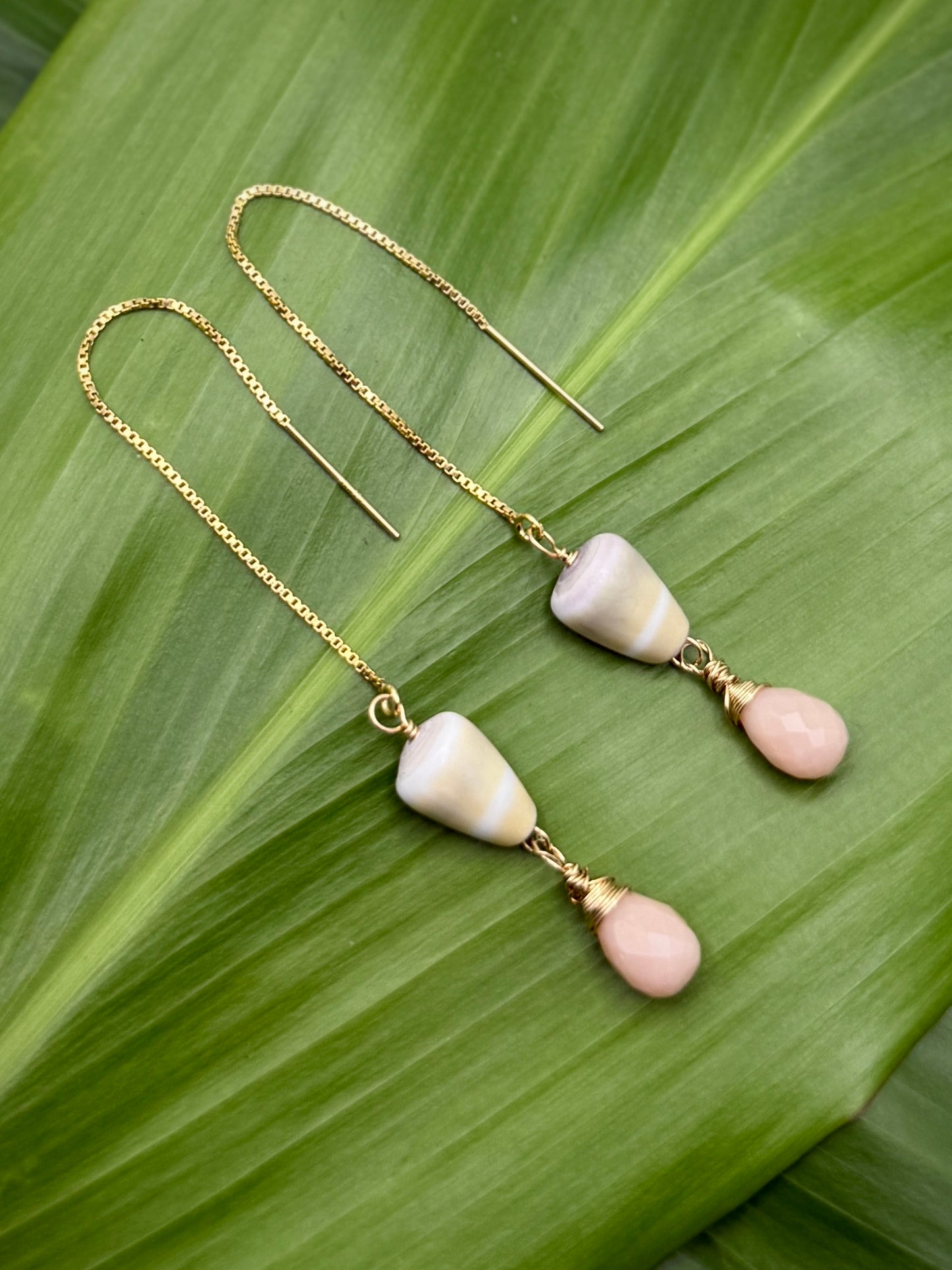 Green Cone Shell w/ Pink Opal Threaders