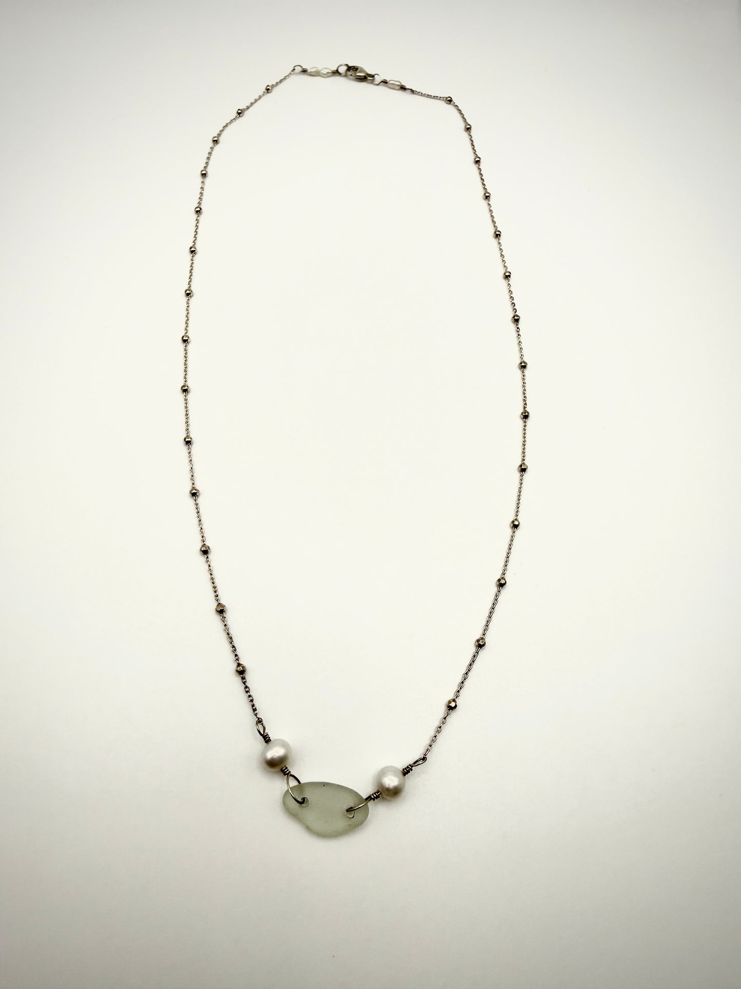 17" SS White Sea Glass+Pearl Necklace