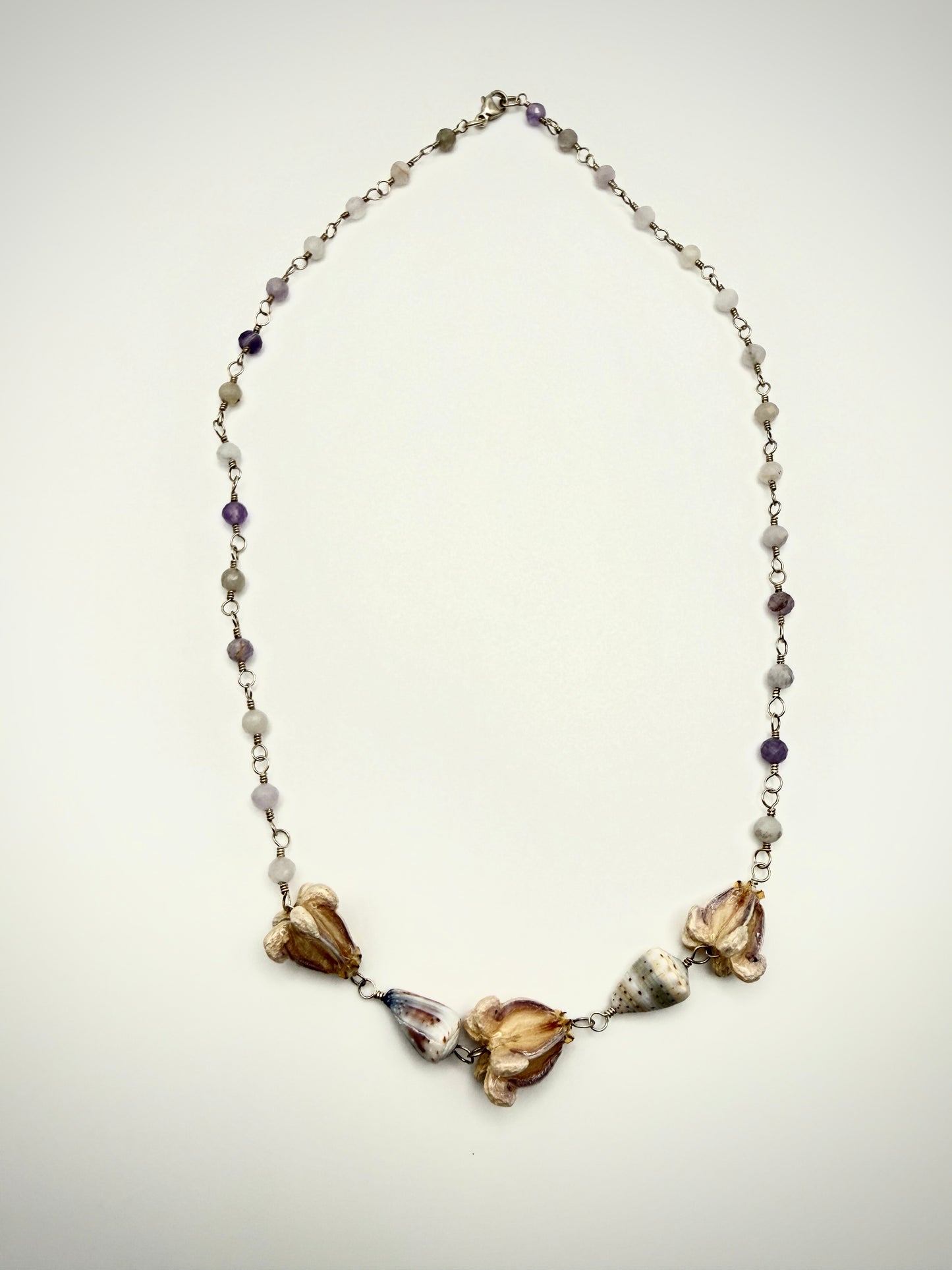 Cone Shell+Preserved Crown Flower Amethyst Necklace