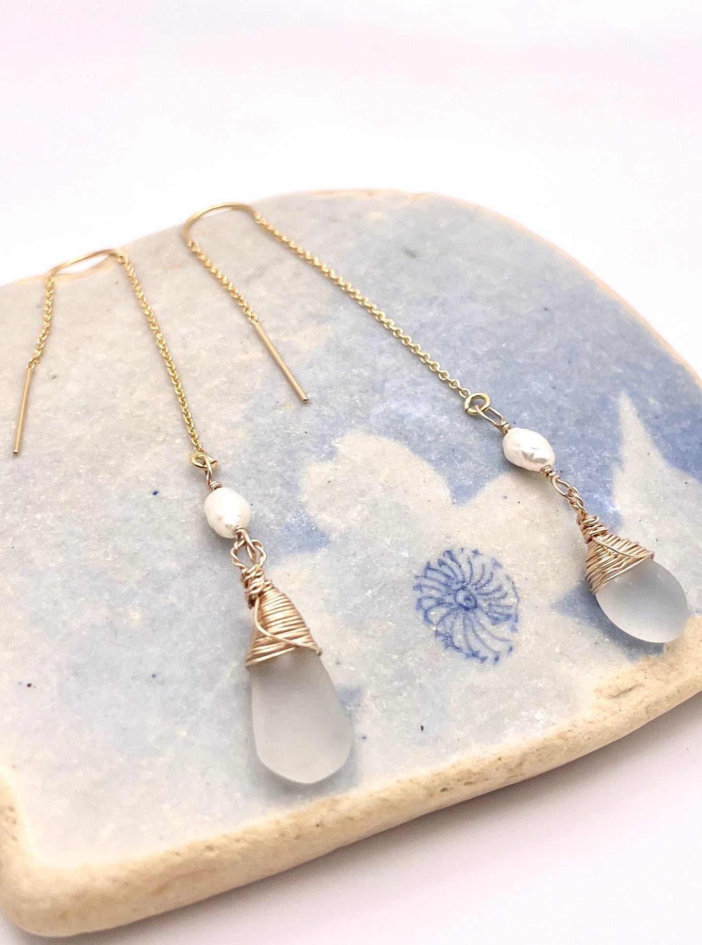 White Seaglass w/ Rice Pearl Threaders