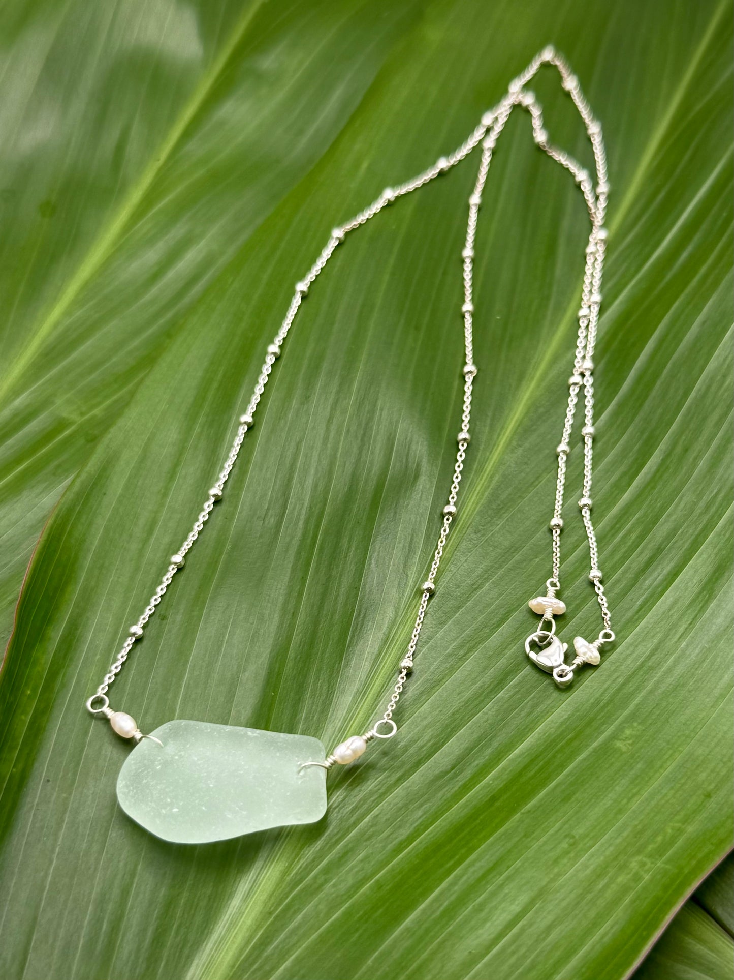 SS Sea glass Necklace w/ Rice Pearls