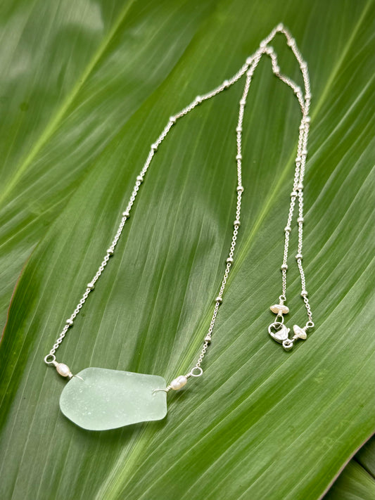 SS Sea glass Necklace w/ Rice Pearls