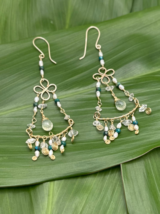 GF Chandelier Earrings w/ Peridot+Rice Pearls+Malachite