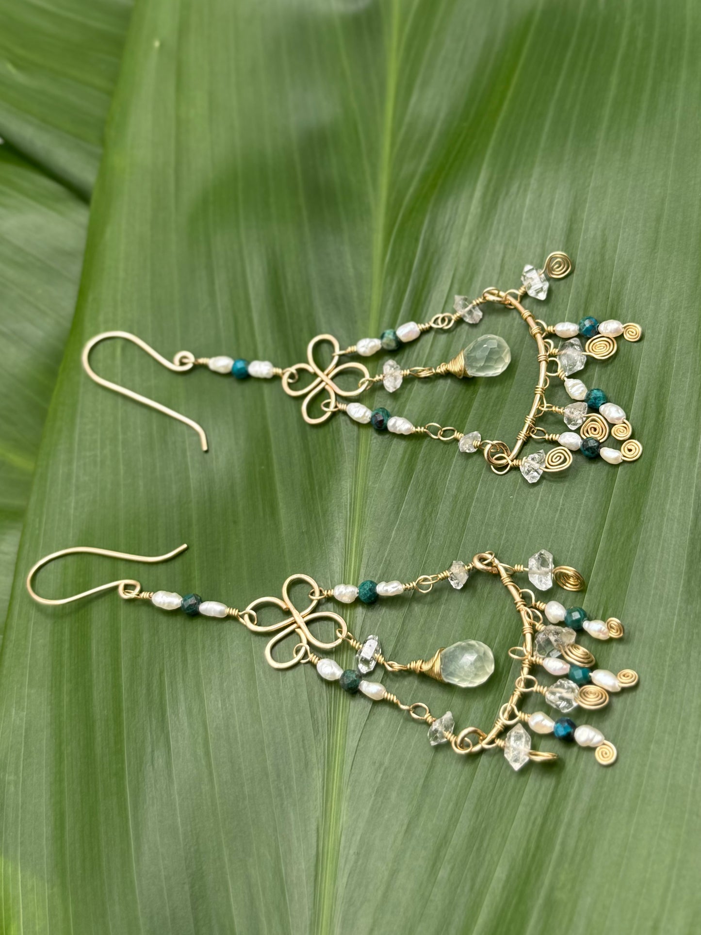 GF Chandelier Earrings w/ Peridot+Rice Pearls+Malachite