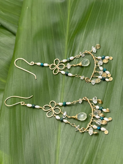 GF Chandelier Earrings w/ Peridot+Rice Pearls+Malachite