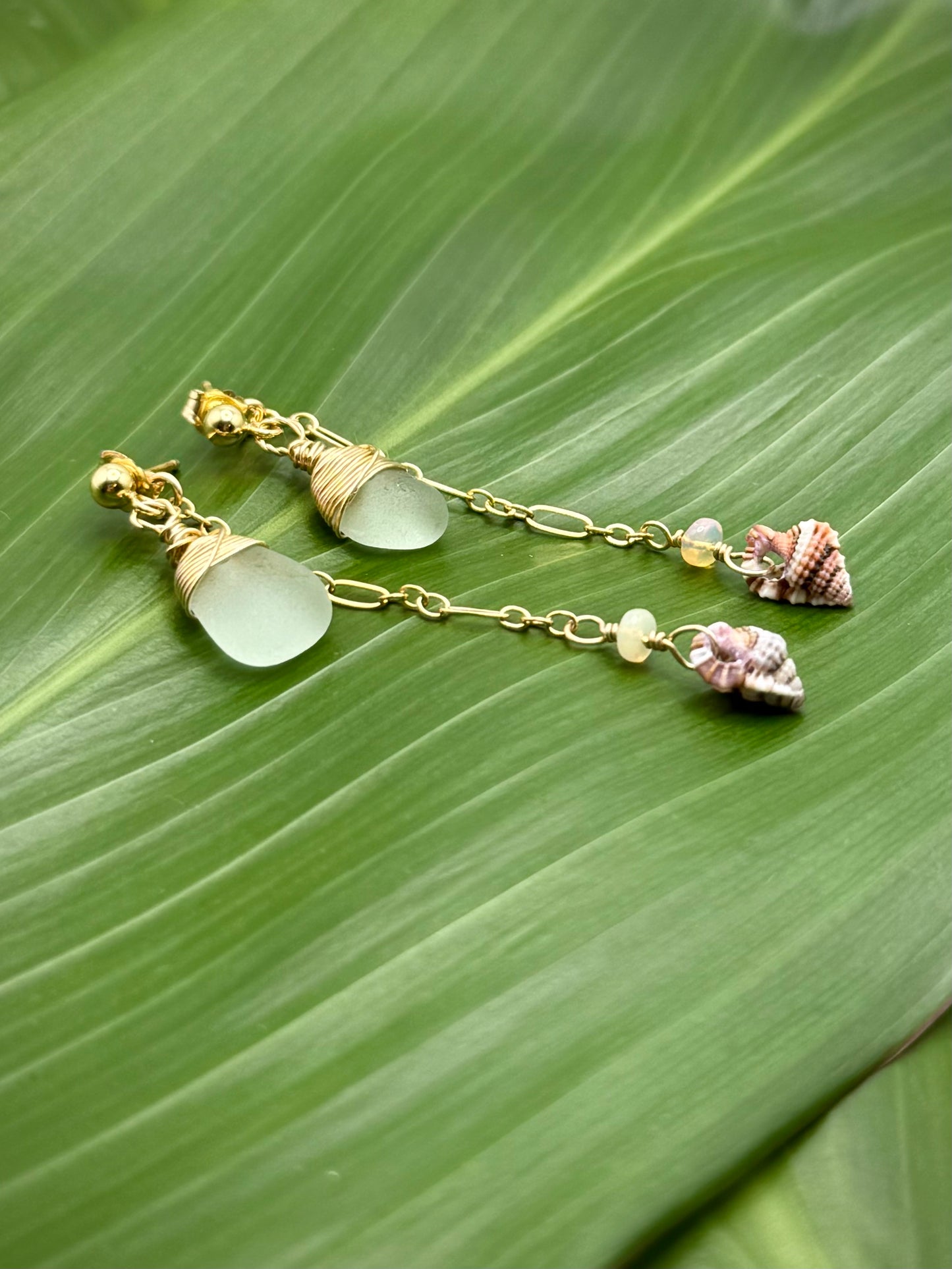 GF  Blue Seaglass Dangle Posts w/ Herkimer Diamond+Gyre Triton