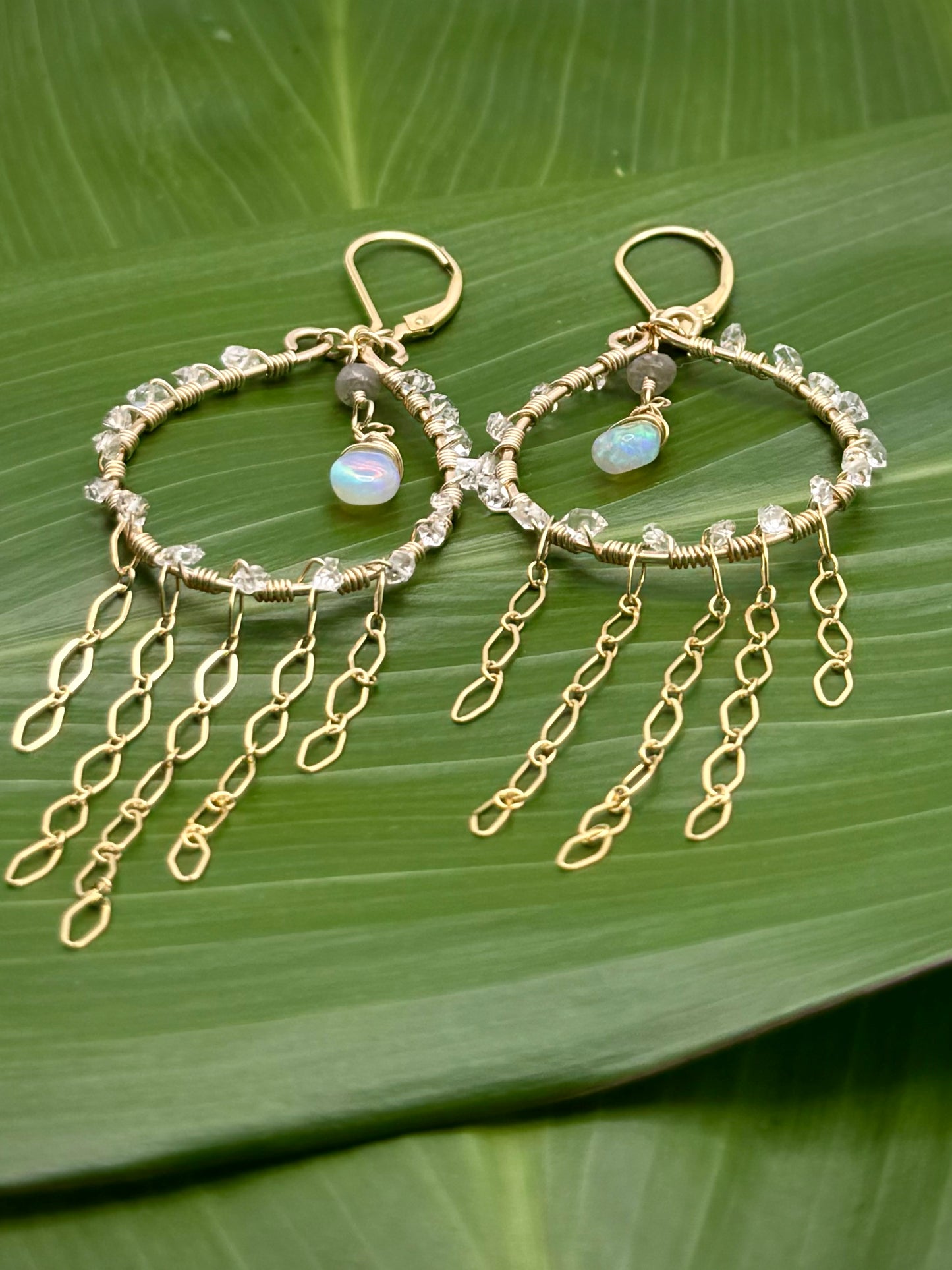 GF Leverback Dangle Hoops w/ Herkimer Diamond+Opal