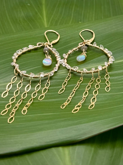 GF Leverback Dangle Hoops w/ Herkimer Diamond+Opal