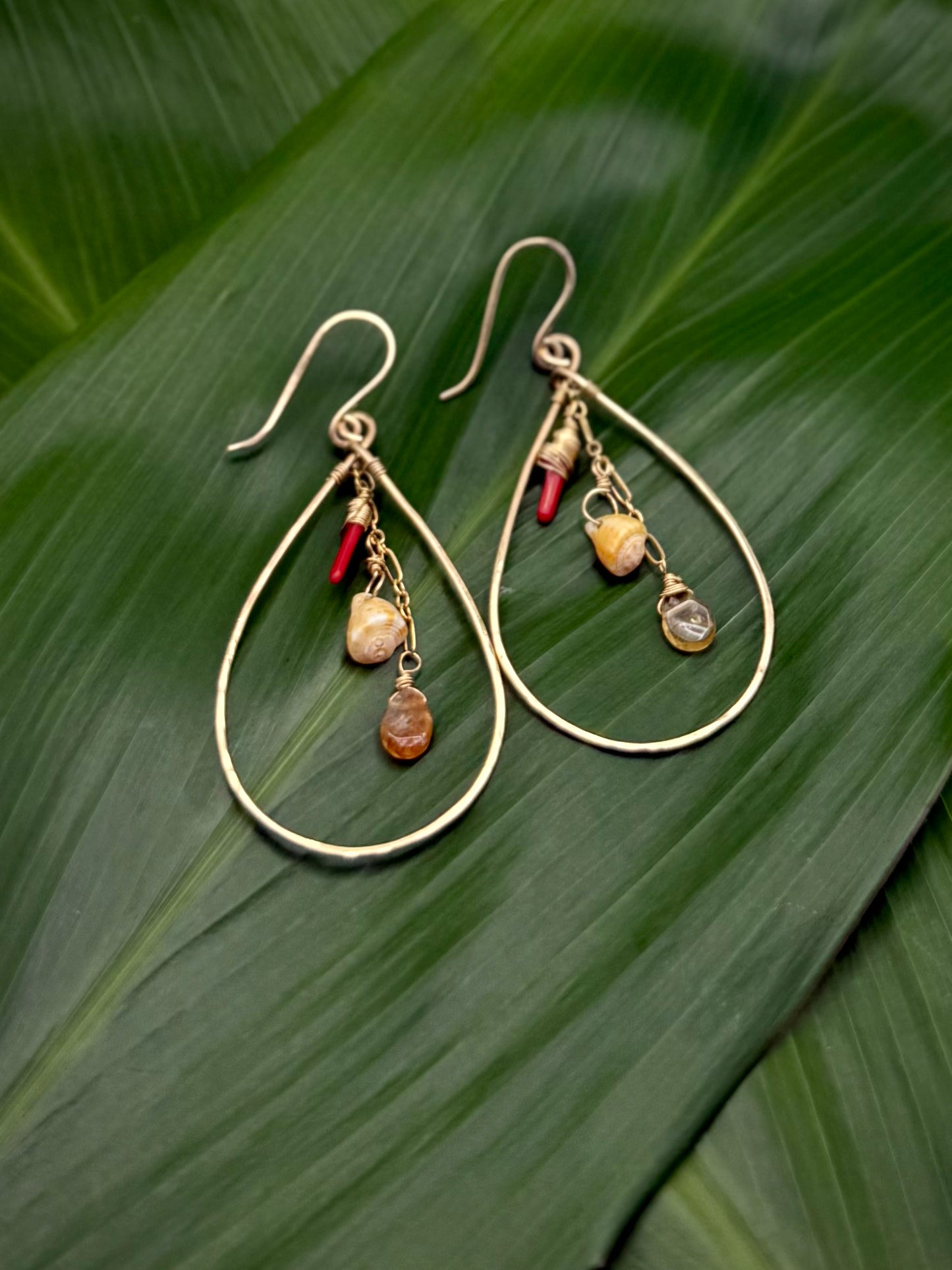 GF Teardop Hoops w/ Red Coral+Sunstone+Shell