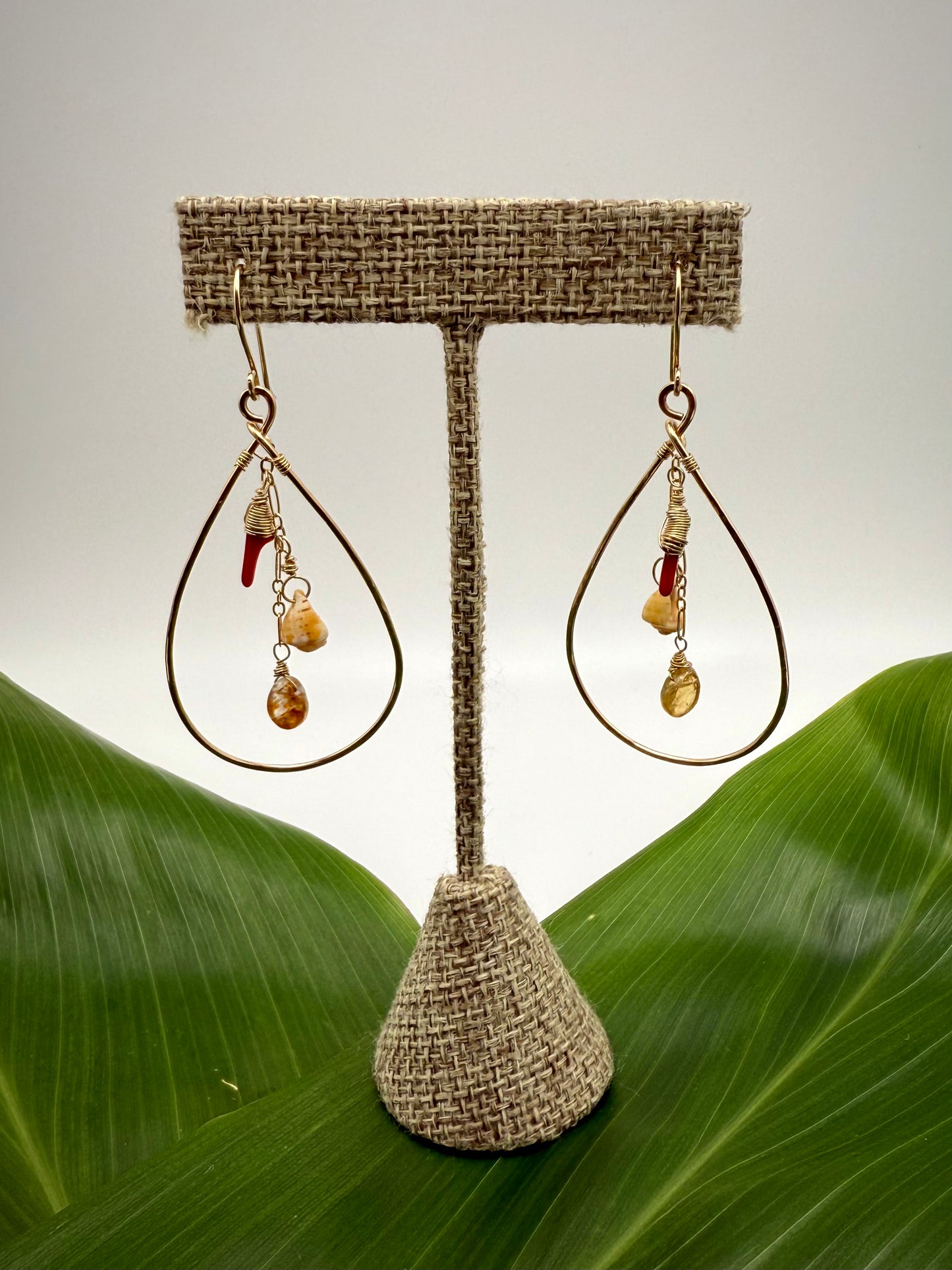 GF Teardop Hoops w/ Red Coral+Sunstone+Shell