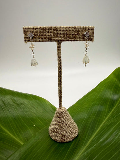 SS Cubic Zirconia Posts w/ Pikake MOP+Rice Pearls