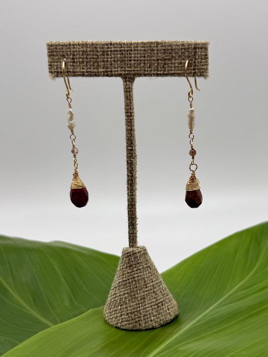 Wire Wrapped Red Jasper Briolette w/ Rice Pearl+Rutilated Agate Accents