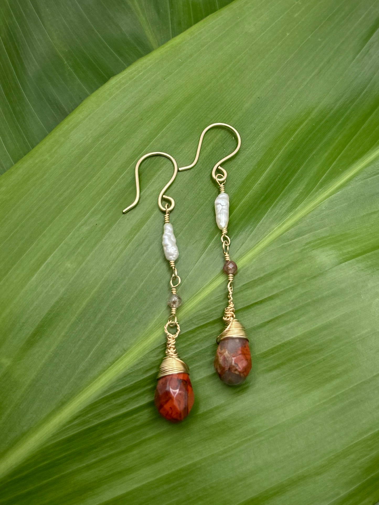 Wire Wrapped Red Jasper Briolette w/ Rice Pearl+Rutilated Agate Accents