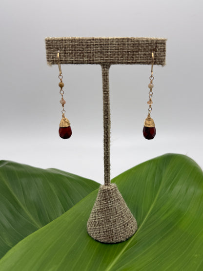 Wire Wrapped Red Jasper Briolette w/ Flower Coral+Sunstone