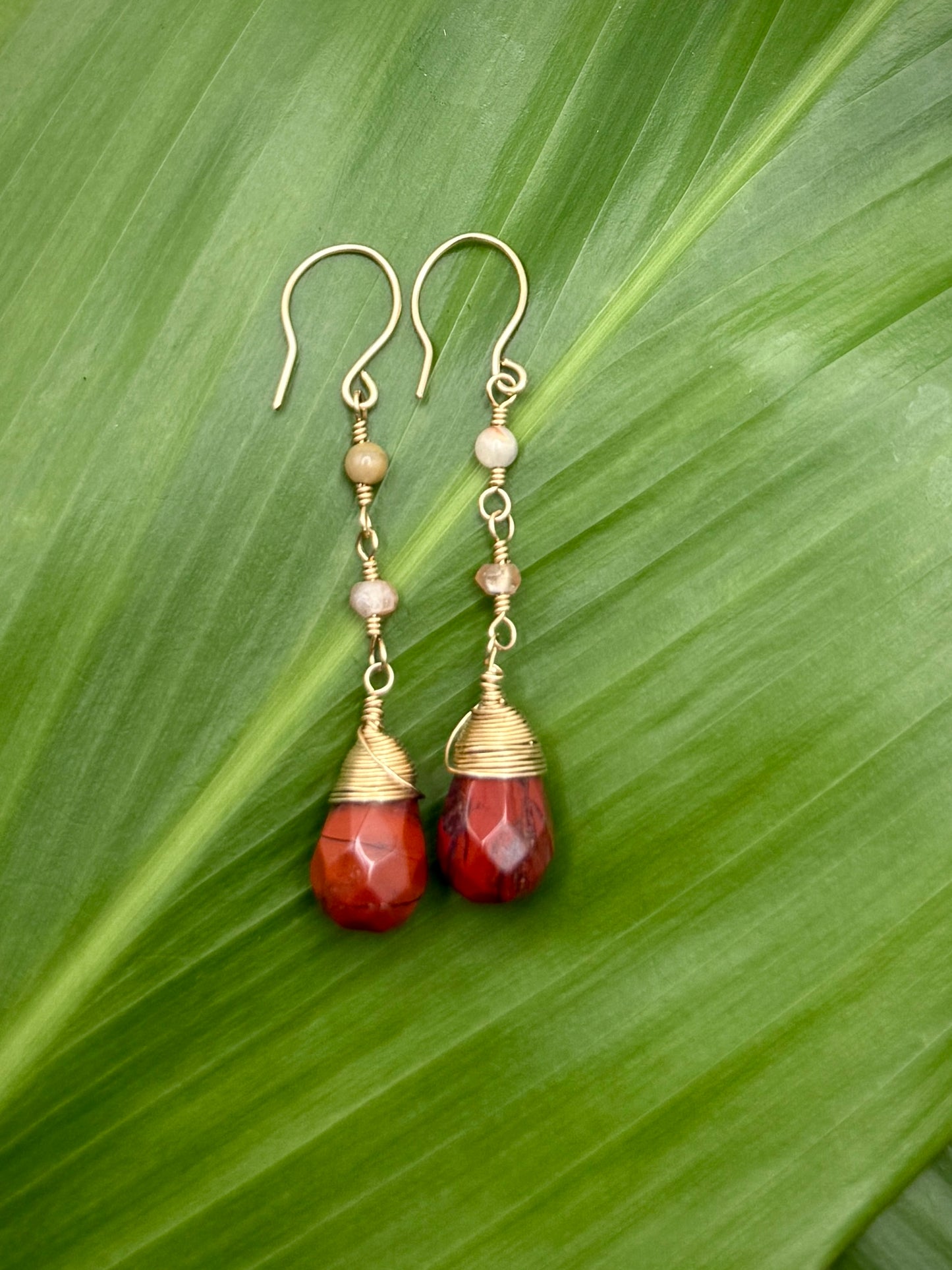 Wire Wrapped Red Jasper Briolette w/ Flower Coral+Sunstone