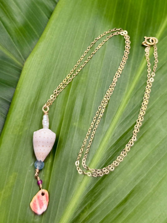 18" Abbreviated Cone Shell Necklace w/ Rice Pearl+Apatite+Water Tourmaline Accents