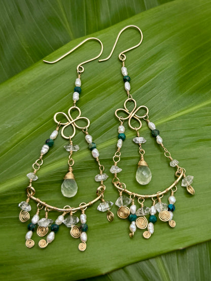 GF Chandelier Earrings(Chrysoprase+Rice Pearl+Peridot+Herkimer Diamond)