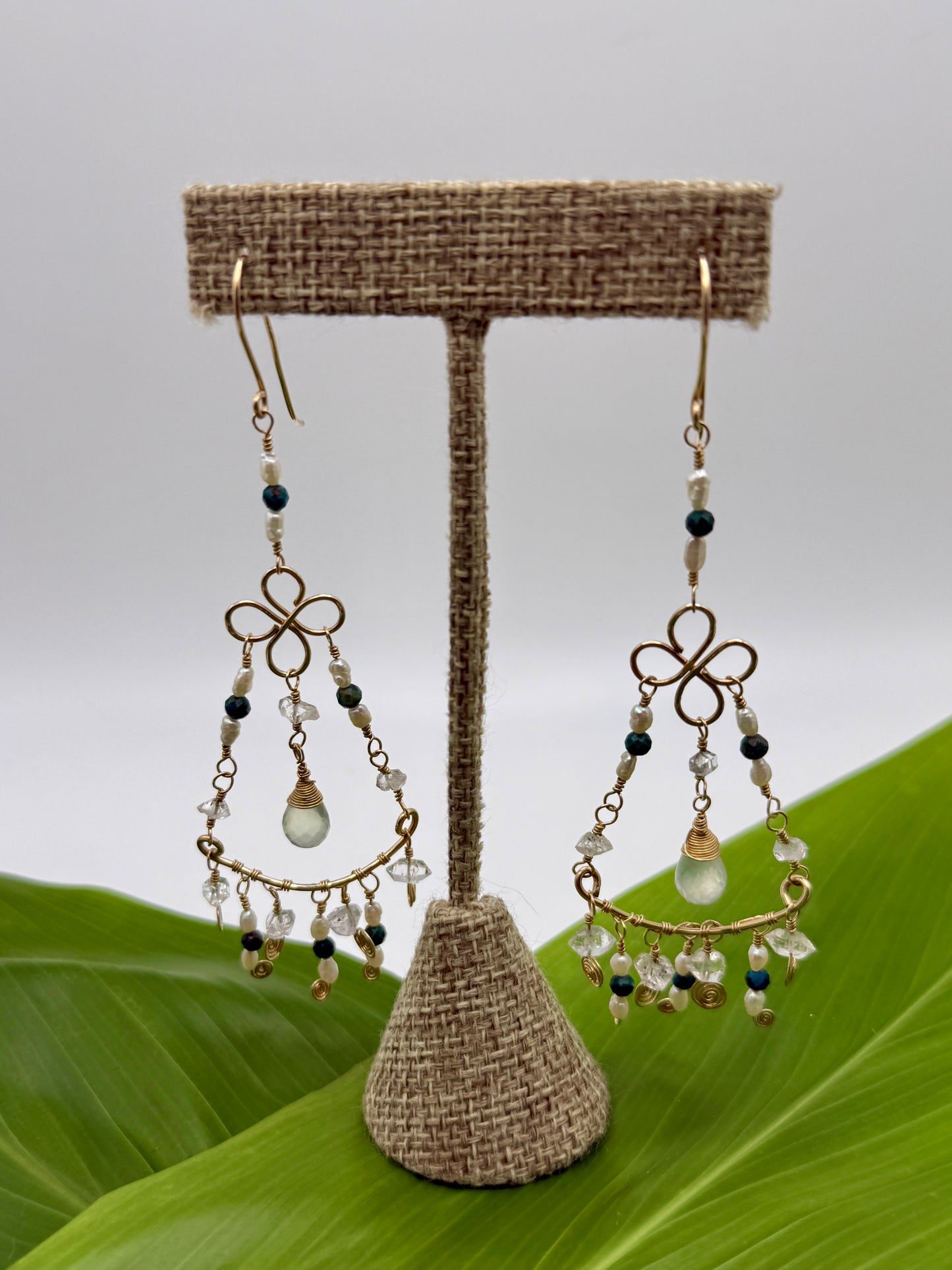 GF Chandelier Earrings(Chrysoprase+Rice Pearl+Peridot+Herkimer Diamond)
