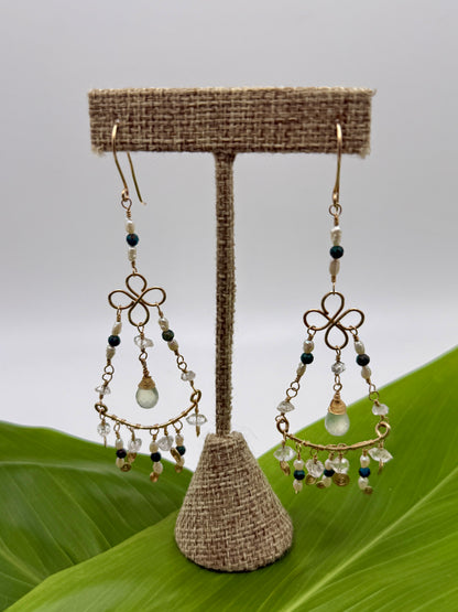 GF Chandelier Earrings(Chrysoprase+Rice Pearl+Peridot+Herkimer Diamond)