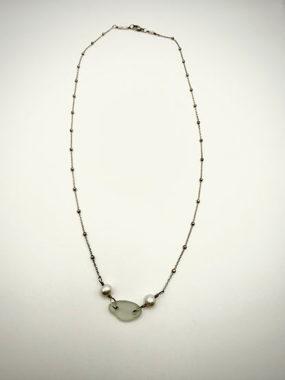 17" SS White Sea Glass+Pearl Necklace