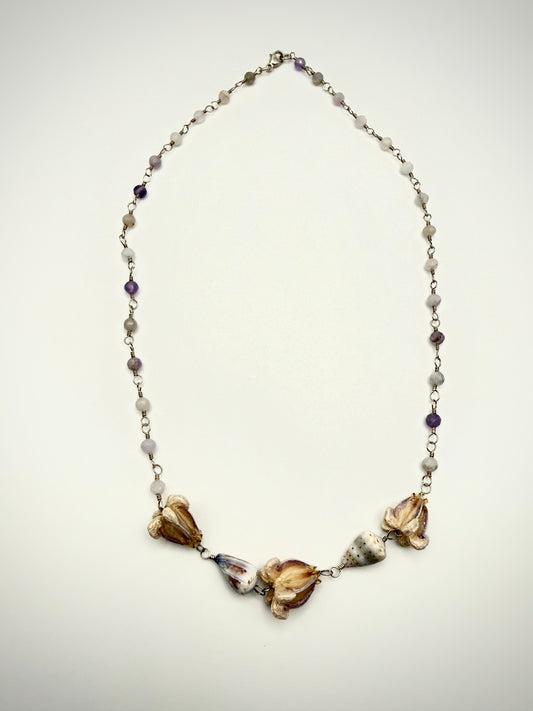 Cone Shell+Preserved Crown Flower Amethyst Necklace