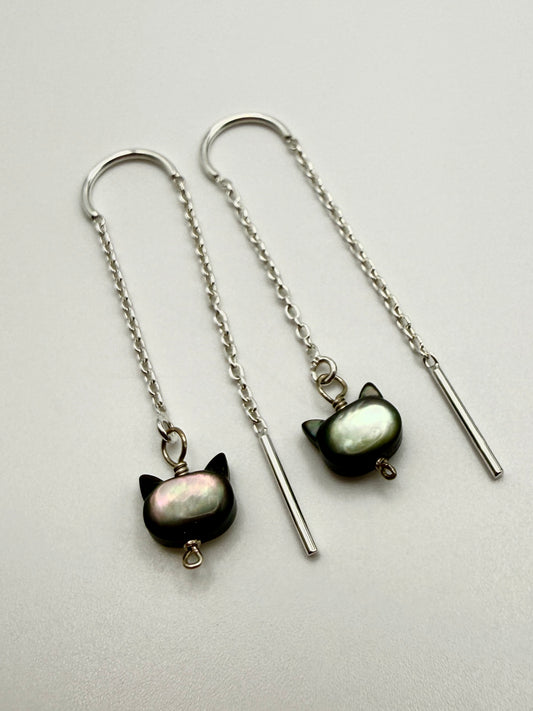 SS Mother of Pearl Black Cat U-Threader Earrings