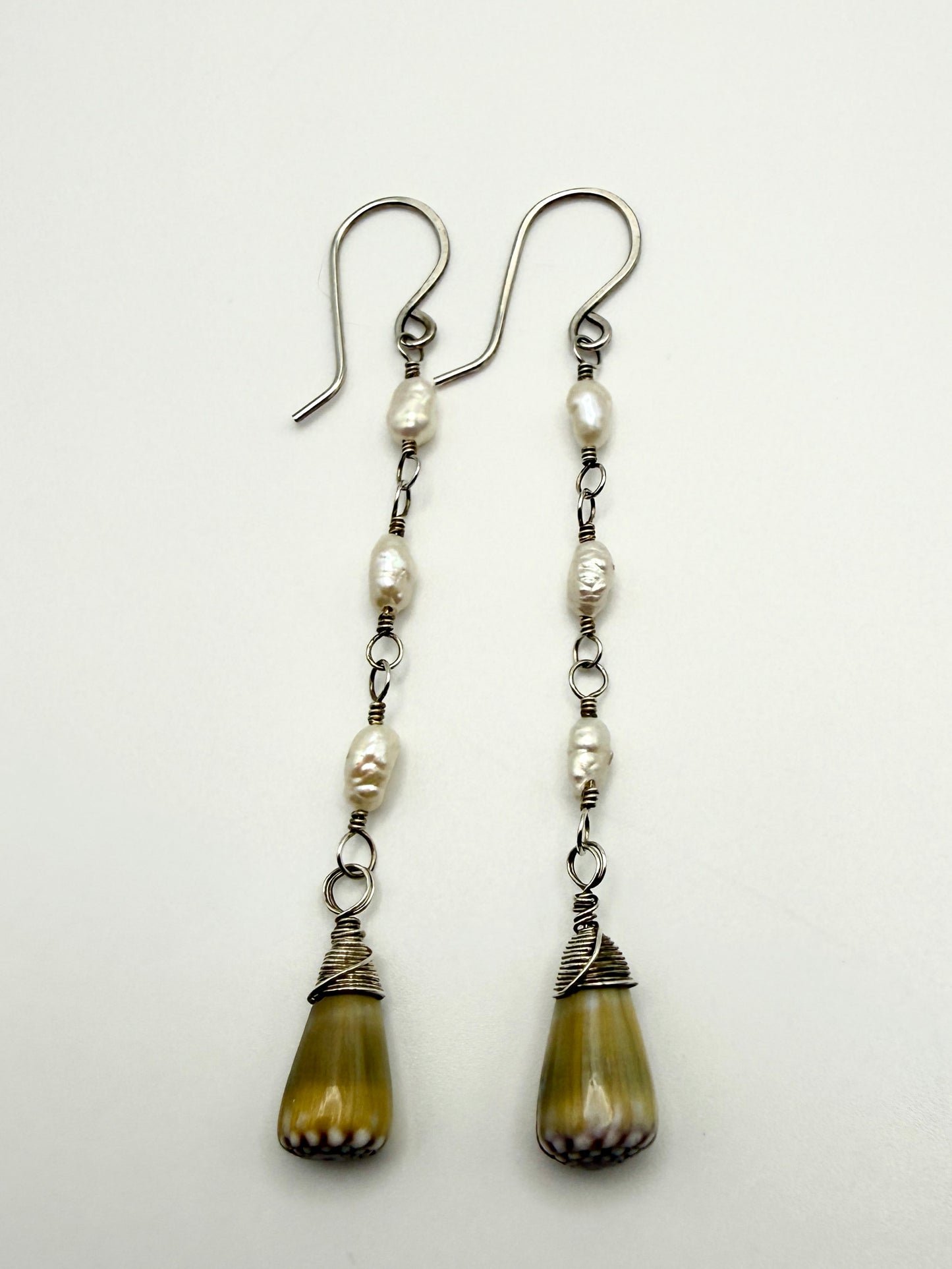 SS Green Cone Shell+ Rice Pearl Earrings