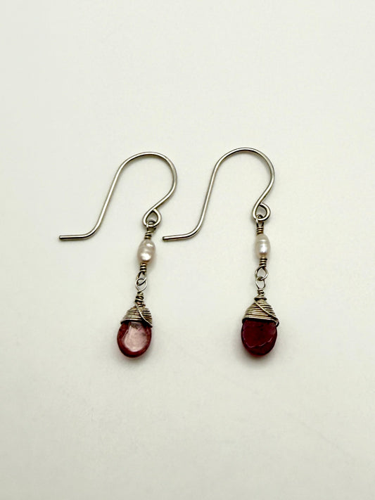 SS Watermelon Tourmaline+Rice Pearl Earrings