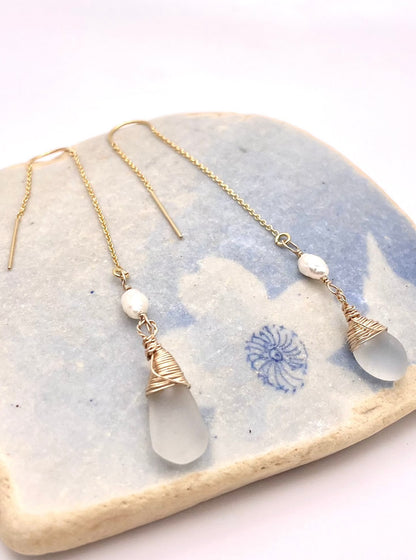 White Seaglass w/ Rice Pearl Threaders