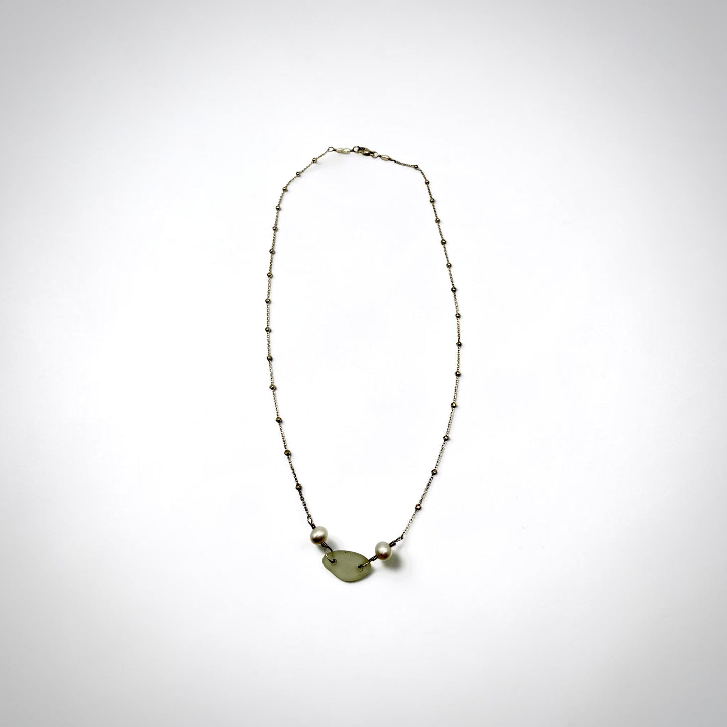 17" SS White Sea Glass+Pearl Necklace