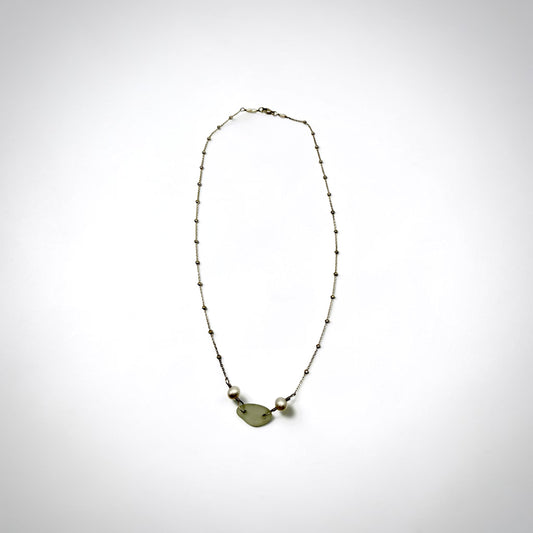 17" SS White Sea Glass+Pearl Necklace